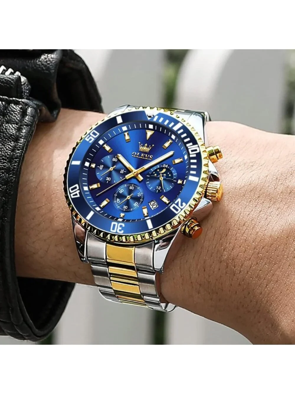 Men's Silver Blue Stainless Steel Chronograph Analog Waterproof Luxury Watch